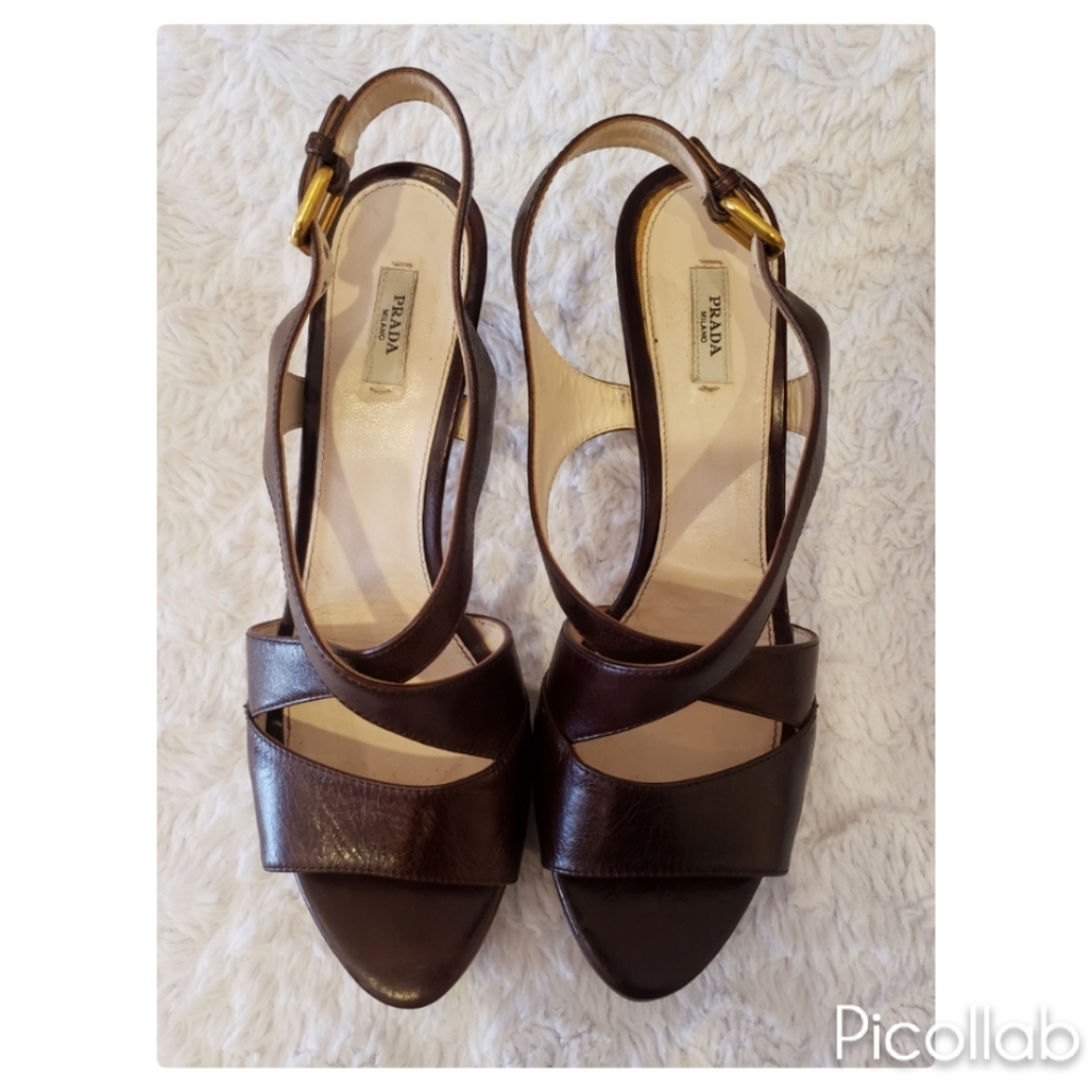 PRADA Brown Leather Criss Cross Peep Toe Slingback - Picture 7 of 11